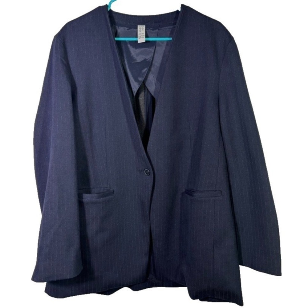Spanx The Perfect Collarless Blazer Navy Blue Pinstripe Sz XL Career Minimalist